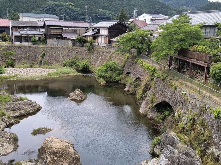 山あいの集落を流れる川と緑の山々